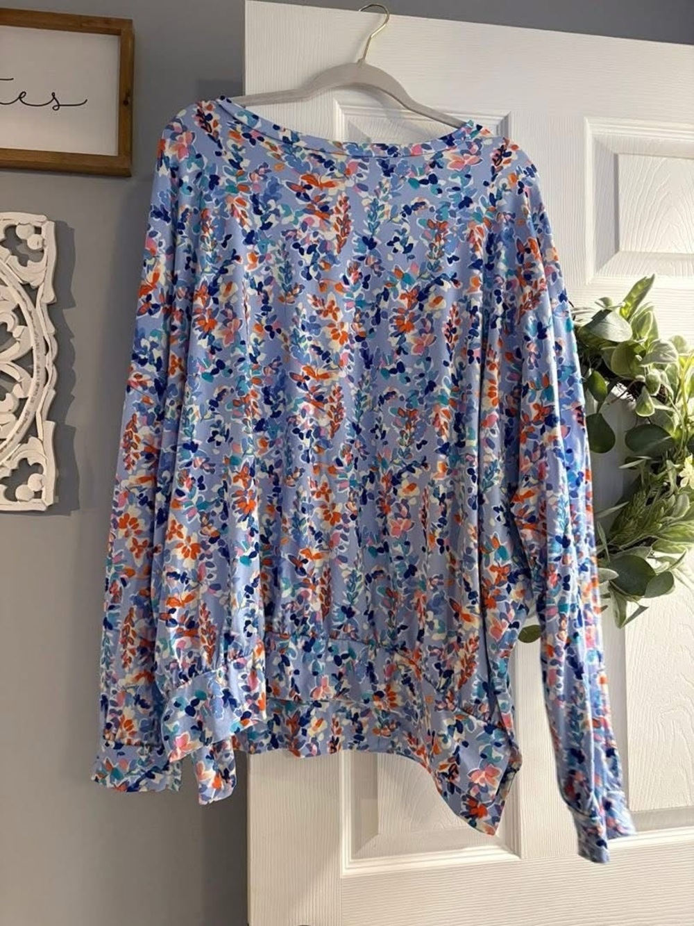 Light Blue Floral Long-Sleeve Women's Top